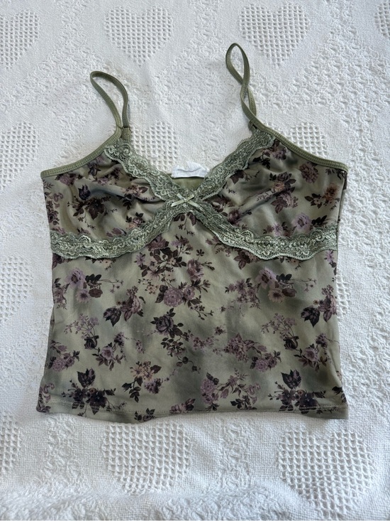 Pink Rose Tops - Pink Rose Green Lace Floral Cami Top (M)